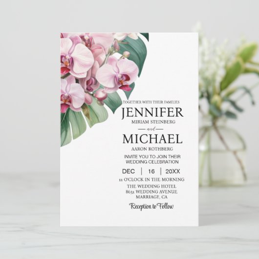 All in One Pink Orchids Wedding Uitnodigingen (Staand voorkant)