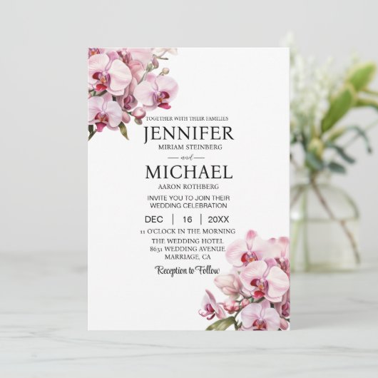 All in One Pink Orchids Wedding Uitnodigingen (Staand voorkant)