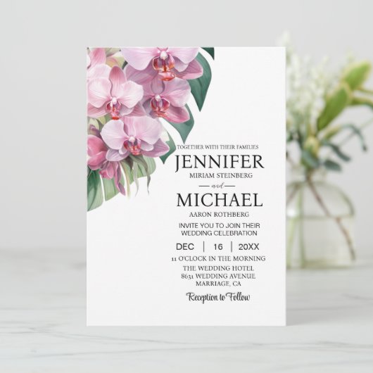 All in One Pink Orchids Wedding Uitnodigingen (Staand voorkant)