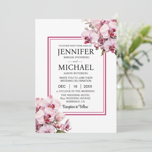 All in One Pink Orchids Wedding Uitnodigingen (Staand voorkant)