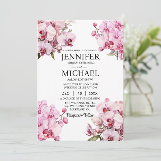All in One Pink Orchids Wedding Uitnodigingen (Staand voorkant)