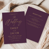 All in One Plum Paarse Gold Wedding Script Kaart