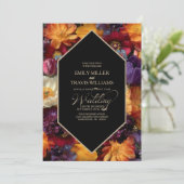 All in One Purple and Orange Floral Black Wedding Kaart (Staand voorkant)