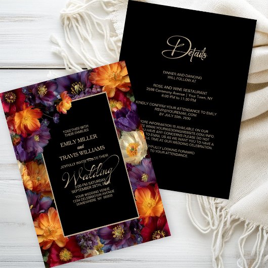 All in One Purple and Orange Floral Black Wedding Kaart