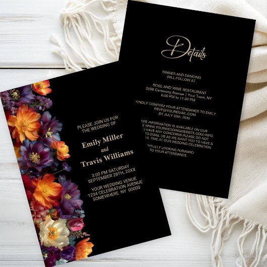 All in One Purple and Orange Floral Black Wedding Kaart