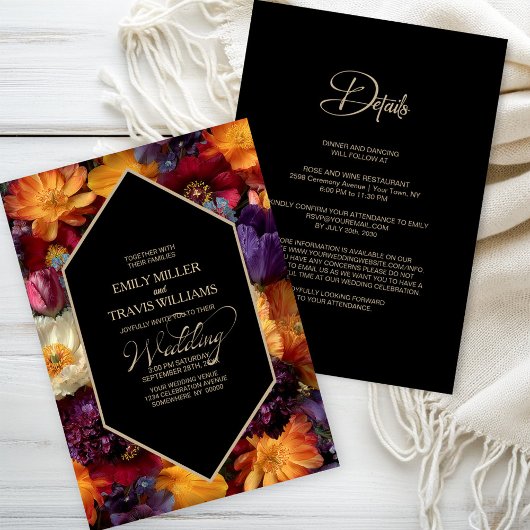 All in One Purple and Orange Floral Black Wedding Kaart