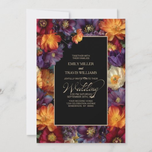 All in One Purple and Orange Floral Black Wedding Kaart (Voorkant)