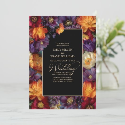 All in One Purple and Orange Floral Black Wedding Kaart (Staand voorkant)