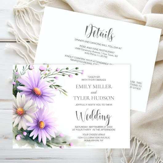 All in One Purple and White Daisies Wedding Kaart