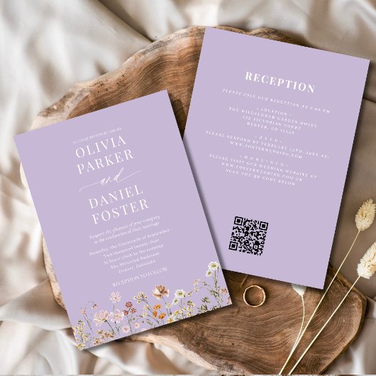 All in One Purple Wildflower QR Code Wedding  Kaart