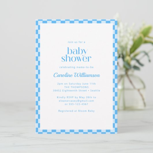 All in One QR Code Blauwe Check Retro Baby Shower Kaart (Staand voorkant)