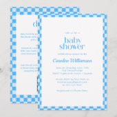 All in One QR Code Blauwe Check Retro Baby Shower Kaart (Voorkant / Achterkant)