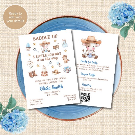 All-in-One QR-code Cowboy Baby Shower Uitnodiging