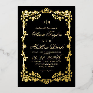 All in One Royal Black Gold Rozen Bloemen Bruiloft Folie Uitnodiging