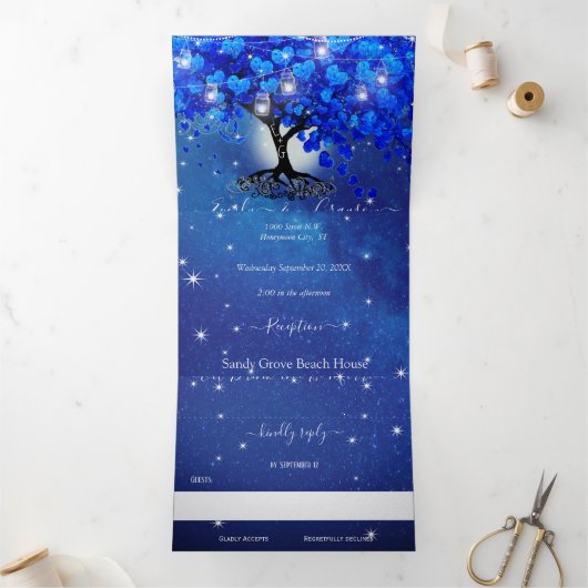 All In One Royal Blue Hartblad Bruiloft Drieluik Uitnodiging (Binnen)