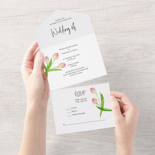 All-in-One Roze Lentewaterverf Tulpen Uitnodiging (Afscheurbaar)