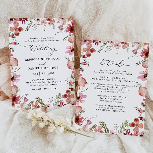 All-in-one Roze Peach Wildflower Wedding Kaart