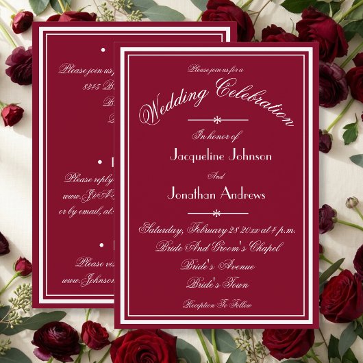 All In One RSVP Bourgondi Rood Wit Script Trouwfee Kaart