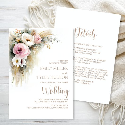 All in One Rustic Pink and White Floral Wedding Kaart