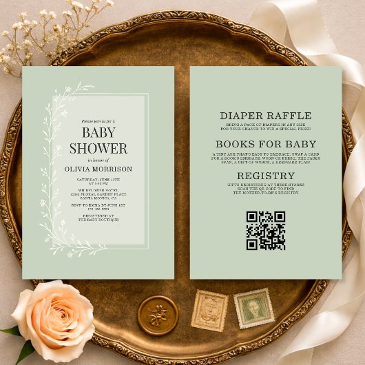 All in One Sage Green Botanical Floral Baby Shower Kaart