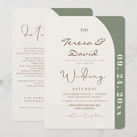 All in One Sage Green Modern Wedding Kaart (Voorkant / Achterkant)