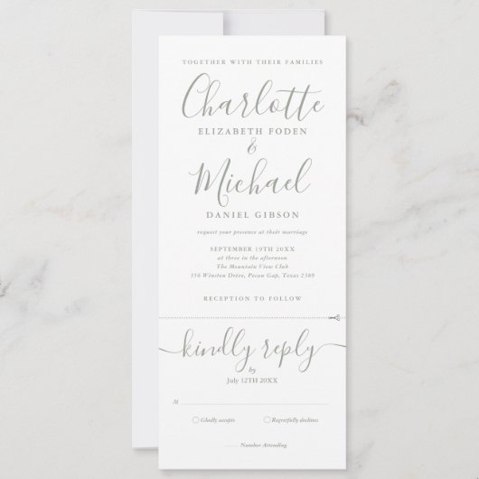All In One Sage Groene Elegante Script Bruiloft Kaart (Voorkant)