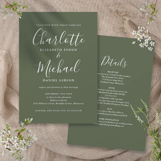 All In One Simple Elegant Script Olijf Bruiloft Kaart