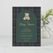 All in One Teddy Bear Plaid Green Baby Shower Kaart (Staand voorkant)