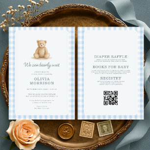 All in One Teddybeer Blauwe Gingham Baby Shower Kaart