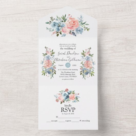 All In One Trouw Uitnodigingen Roze Blauwe Bloemen (Binnen)