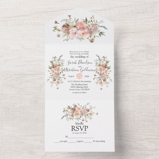All-in-One Trouwkaarten Roze Mauve Bloemen All In One Uitnodiging (Binnen)