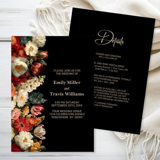 All in One Vibrant Moody Floral Black Wedding Kaart