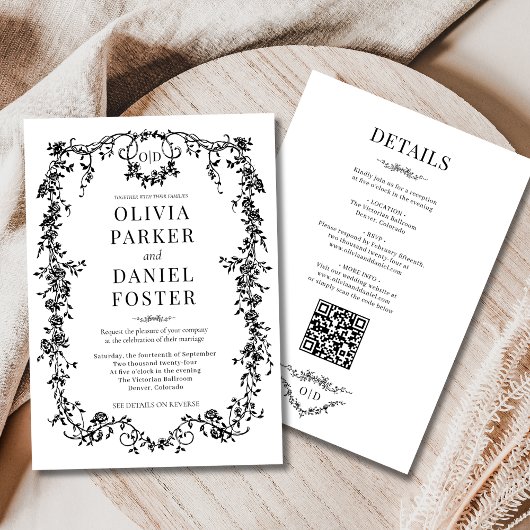 All in One Victorian Black Wedding Monogram Kaart