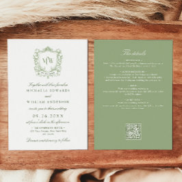 All In One Vintage Crest Monogram QR Code Bruiloft Kaart