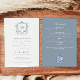 All In One Vintage Crest Monogram QR Code Bruiloft Kaart