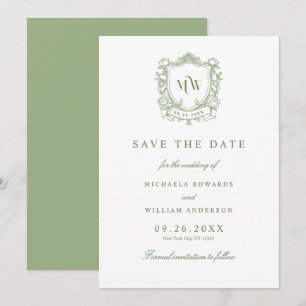 All In One Vintage Crest Monogram QR Code Bruiloft Save The Date