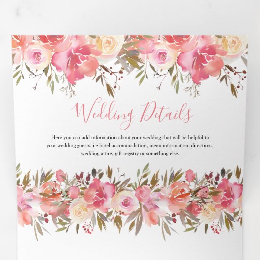 All in One Waterverf Roze Bloemen Huwelijk Drieluik Uitnodiging (Binnenzijde eerst)