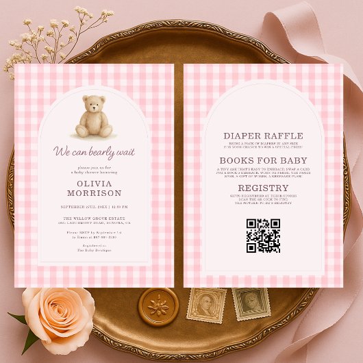 All in One We Can Bearly Wait Roze Gingham Kaart