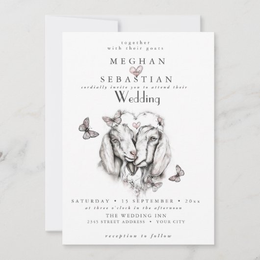 ALL in ONE Wedding Goats in Love Invitation Kaart (Voorkant)