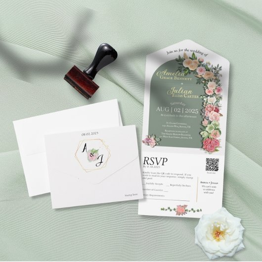 All in One Wedding Invite - Sage green Bloemen All In One Uitnodiging