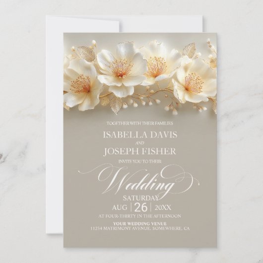 All in One White and Gold Floral Wedding Kaart (Voorkant)