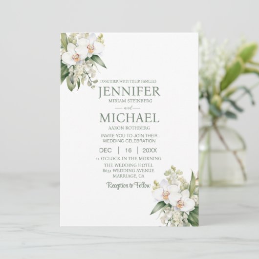 All in One White Orchids Wedding Uitnodigingen (Staand voorkant)