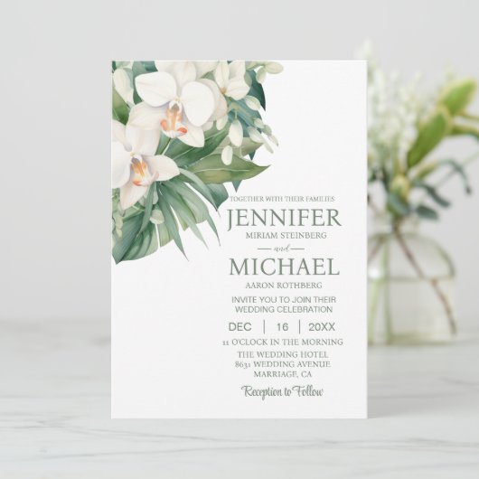 All in One White Orchids Wedding Uitnodigingen (Staand voorkant)