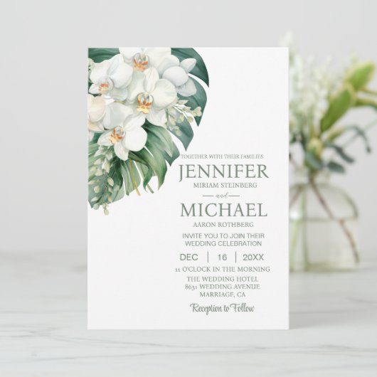 All in One White Orchids Wedding Uitnodigingen (Staand voorkant)