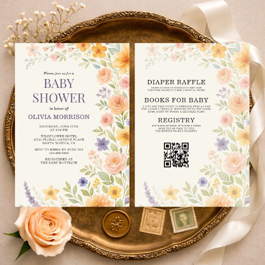 All in One Wilde Bloem Florale QR Code Baby Shower Kaart