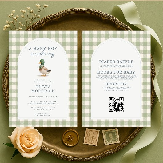 All in One Wilde Eend Gingham Baby Borrel Uitnodig Kaart