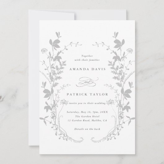 All in One Wildflower Krans Grijs & Wit Bruiloft Kaart (Voorkant)