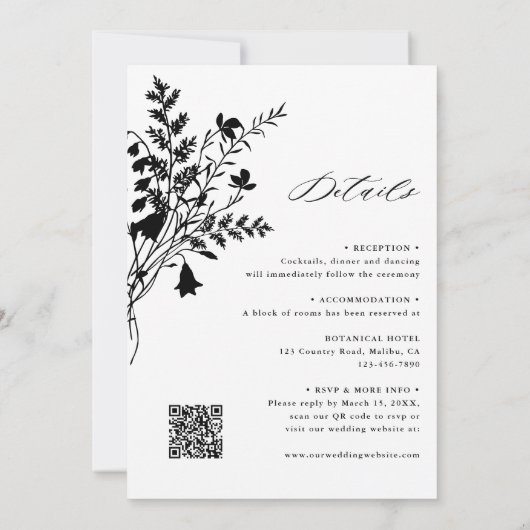 All in One Wildflower Lijst Zwart & Wit Bruiloft Kaart (Achterkant)