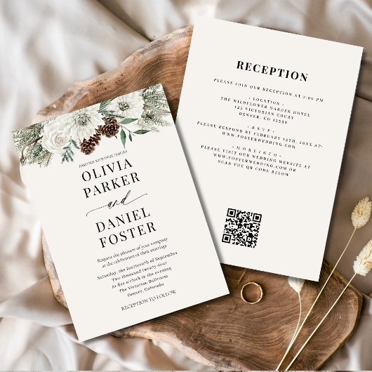 All in One Winter QR Code Evergreen Wedding Kaart
