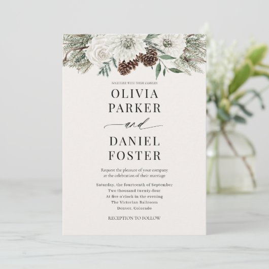 All in One Winter QR Code Evergreen Wedding Kaart (Staand voorkant)